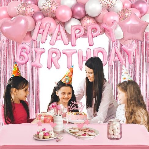 Pink Birthday Party Decorations, Happy Birthday Banner Tablecloth Cake Toppers Fringe Curtain Tassels Pink and White Confetti Foil Balloons for Girls Women Wedding Baby Shower Party Supplies in Saudi Arabia