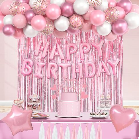 Pink Birthday Party Decorations, Happy Birthday Banner Tablecloth Cake Toppers Fringe Curtain Tassels Pink and White Confetti Foil Balloons for Girls Women Wedding Baby Shower Party Supplies in Saudi Arabia