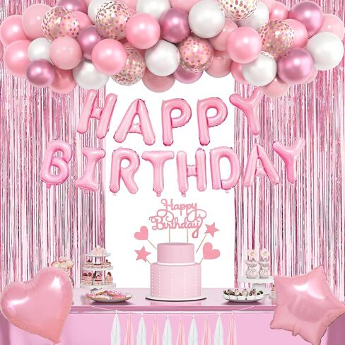 Pink Birthday Party Decorations, Happy Birthday Banner Tablecloth Cake Toppers Fringe Curtain Tassels Pink and White Confetti Foil Balloons for Girls Women Wedding Baby Shower Party Supplies in Saudi Arabia