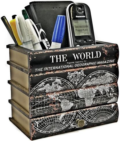 Bellaa Pen Pencil Holder Storage Cell Phone Stand Desk Office Organizer Container Cup Pot Multi Purpose Caddy Vintage Old World Book Box Library Gift (Library) in Kuwait