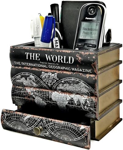 Bellaa Pen Pencil Holder Storage Cell Phone Stand Desk Office Organizer Container Cup Pot Multi Purpose Caddy Vintage Old World Book Box Library Gift (Library) in Kuwait