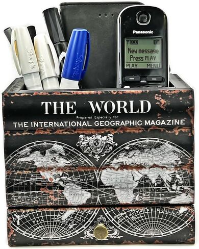 Bellaa Pen Pencil Holder Storage Cell Phone Stand Desk Office Organizer Container Cup Pot Multi Purpose Caddy Vintage Old World Book Box Library Gift (Library) in Kuwait