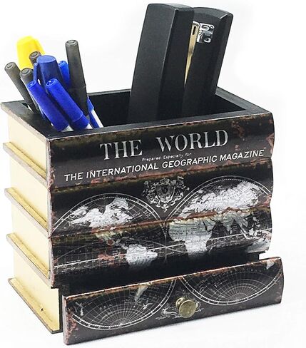Bellaa Pen Pencil Holder Storage Cell Phone Stand Desk Office Organizer Container Cup Pot Multi Purpose Caddy Vintage Old World Book Box Library Gift (Library) in Kuwait