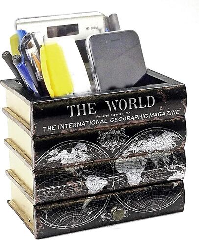 Bellaa Pen Pencil Holder Storage Cell Phone Stand Desk Office Organizer Container Cup Pot Multi Purpose Caddy Vintage Old World Book Box Library Gift (Library) in Kuwait