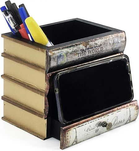 Bellaa Pen Pencil Holder Storage Cell Phone Stand Desk Office Organizer Container Cup Pot Multi Purpose Caddy Vintage Old World Book Box Library Gift (Library) in Kuwait