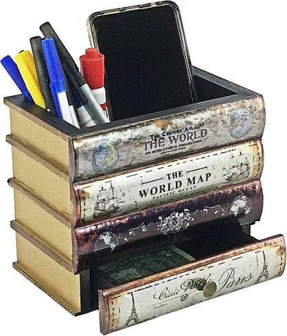Bellaa Pen Pencil Holder Storage Cell Phone Stand Desk Office Organizer Container Cup Pot Multi Purpose Caddy Vintage Old World Book Box Library Gift (Library) in Kuwait