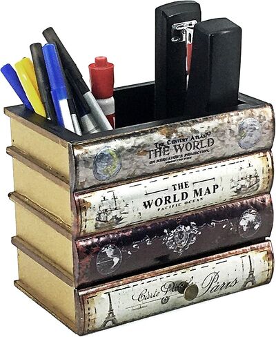 Bellaa Pen Pencil Holder Storage Cell Phone Stand Desk Office Organizer Container Cup Pot Multi Purpose Caddy Vintage Old World Book Box Library Gift (Library) in Kuwait