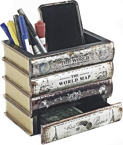 Bellaa Pen Pencil Holder Storage Cell Phone Stand Desk Office Organizer Container Cup Pot Multi Purpose Caddy Vintage Old World Book Box Library Gift (Library) in Kuwait