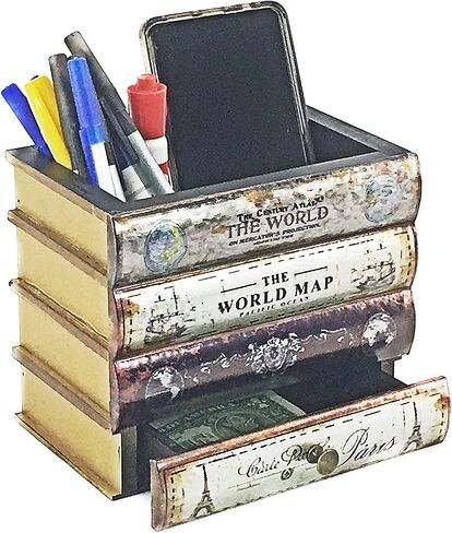 Bellaa Pen Pencil Holder Storage Cell Phone Stand Desk Office Organizer Container Cup Pot Multi Purpose Caddy Vintage Old World Book Box Library Gift (Library) in Kuwait
