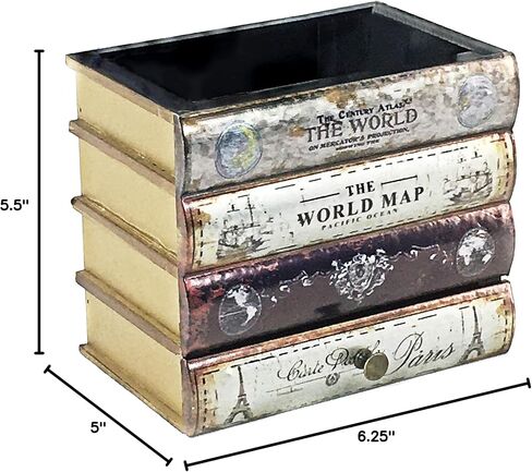 Bellaa Pen Pencil Holder Storage Cell Phone Stand Desk Office Organizer Container Cup Pot Multi Purpose Caddy Vintage Old World Book Box Library Gift (Library) in Kuwait