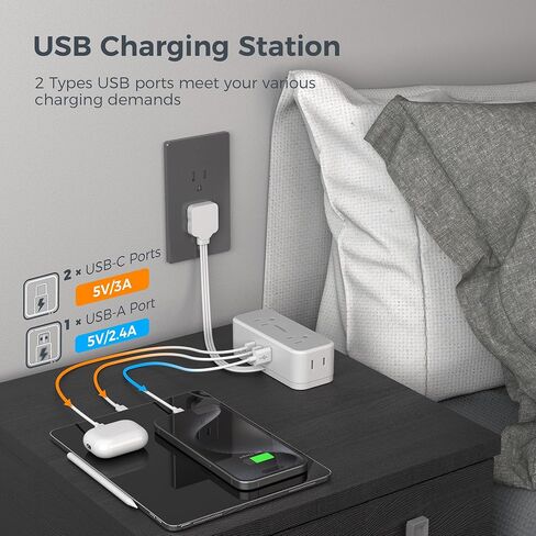 Short Extension Cord 6 inch, TESSAN Slim Flat Thin Plug Power Strip with 4 AC Outlets 3 USB (1 USB-C) Charging Ports, Small White Desk Charger, Mini Charging Station for Home Office School Dorm Room in Saudi Arabia
