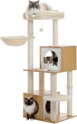 PAWZ Road Large Cat Tree, 51 Inches Wooden Cat Tower with Double Condos, Large Perch,Soft Hammock and Totally Wrapped Sisal Posts for Large Indoor Cats-Beige in Saudi Arabia