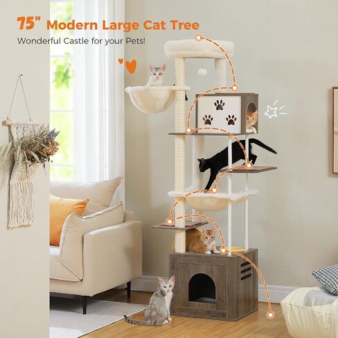 PAWZ Road Large Cat Tree, 51 Inches Wooden Cat Tower with Double Condos, Large Perch,Soft Hammock and Totally Wrapped Sisal Posts for Large Indoor Cats-Beige in Saudi Arabia