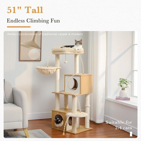 PAWZ Road Large Cat Tree, 51 Inches Wooden Cat Tower with Double Condos, Large Perch,Soft Hammock and Totally Wrapped Sisal Posts for Large Indoor Cats-Beige in Saudi Arabia