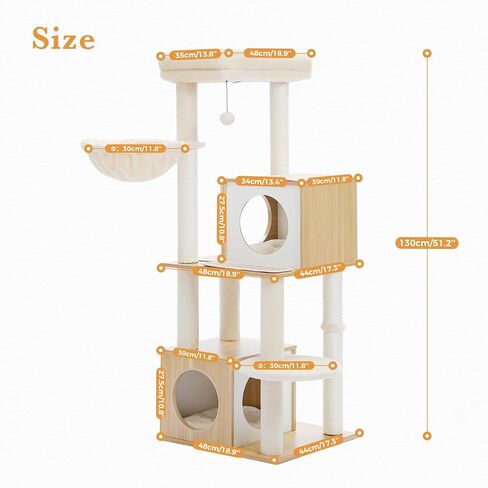 PAWZ Road Large Cat Tree, 51 Inches Wooden Cat Tower with Double Condos, Large Perch,Soft Hammock and Totally Wrapped Sisal Posts for Large Indoor Cats-Beige in Saudi Arabia