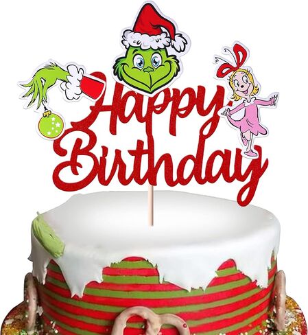 1 Pack Grinches Happy Birthday Cake Topper Merry Christmas Happy Birthday Cupcake Picks for Theme Grinches Christmas Theme Birthday Baby Shower Christmas Party Cake Decorations Supplies in Kuwait