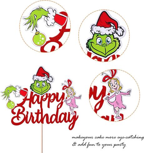 1 Pack Grinches Happy Birthday Cake Topper Merry Christmas Happy Birthday Cupcake Picks for Theme Grinches Christmas Theme Birthday Baby Shower Christmas Party Cake Decorations Supplies in Kuwait