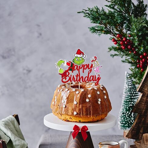1 Pack Grinches Happy Birthday Cake Topper Merry Christmas Happy Birthday Cupcake Picks for Theme Grinches Christmas Theme Birthday Baby Shower Christmas Party Cake Decorations Supplies in Kuwait