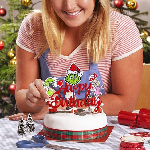 1 Pack Grinches Happy Birthday Cake Topper Merry Christmas Happy Birthday Cupcake Picks for Theme Grinches Christmas Theme Birthday Baby Shower Christmas Party Cake Decorations Supplies in Kuwait