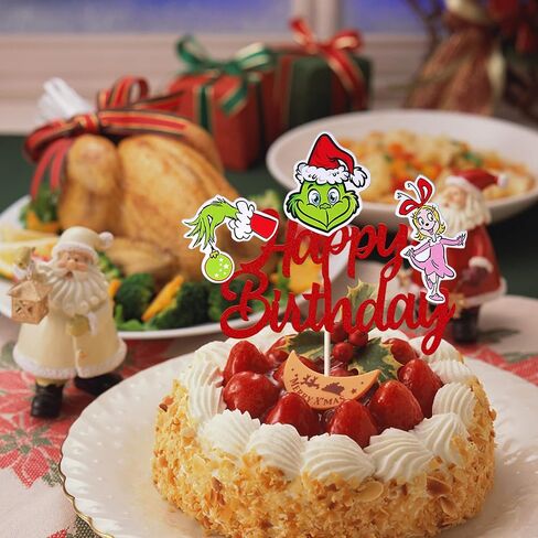 1 Pack Grinches Happy Birthday Cake Topper Merry Christmas Happy Birthday Cupcake Picks for Theme Grinches Christmas Theme Birthday Baby Shower Christmas Party Cake Decorations Supplies in Kuwait
