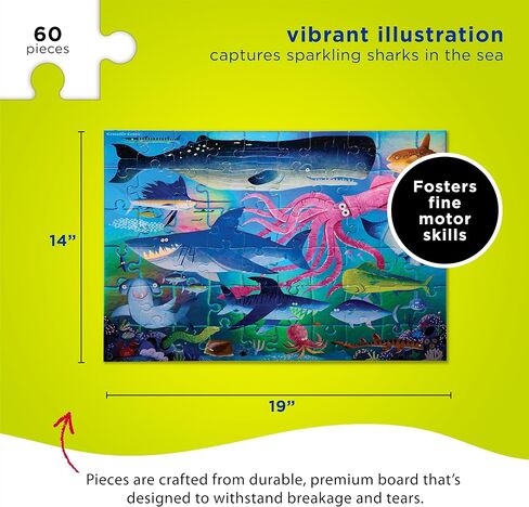Crocodile Creek 60-Piece Holographic Foil Floor Puzzle for Kids Ages 4-8 and Up - Heavy-Duty Box for Storage - Magical Friends - 14" x 19" Finished in Saudi Arabia