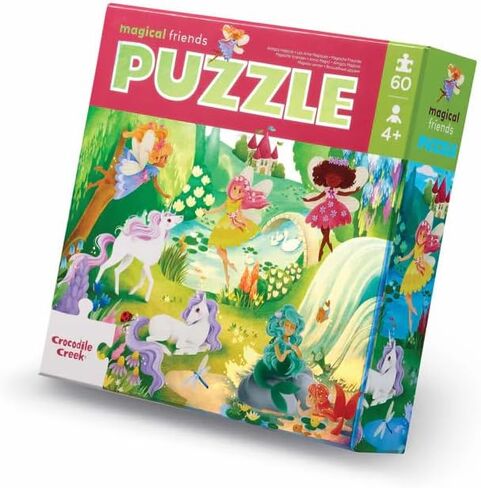 Crocodile Creek 60-Piece Holographic Foil Floor Puzzle for Kids Ages 4-8 and Up - Heavy-Duty Box for Storage - Magical Friends - 14" x 19" Finished in Saudi Arabia