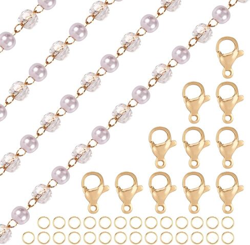 Magibeads 1 Yard Imitation Pearl Chain Belt 4.5-5mm Faux Pearl Brass Chain Golden Jewelry Making Chain with Jump Rings Lobster Clasps for Necklace Bracelet Keychain Making Supplies Crafts DIY in Saudi Arabia