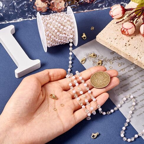 Magibeads 1 Yard Imitation Pearl Chain Belt 4.5-5mm Faux Pearl Brass Chain Golden Jewelry Making Chain with Jump Rings Lobster Clasps for Necklace Bracelet Keychain Making Supplies Crafts DIY in Saudi Arabia