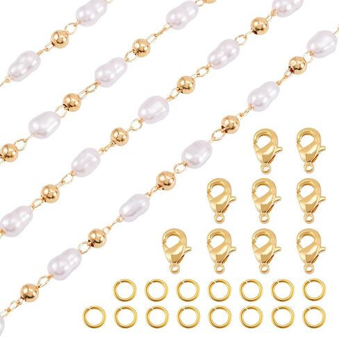 Magibeads 1 Yard Imitation Pearl Chain Belt 4.5-5mm Faux Pearl Brass Chain Golden Jewelry Making Chain with Jump Rings Lobster Clasps for Necklace Bracelet Keychain Making Supplies Crafts DIY in Saudi Arabia
