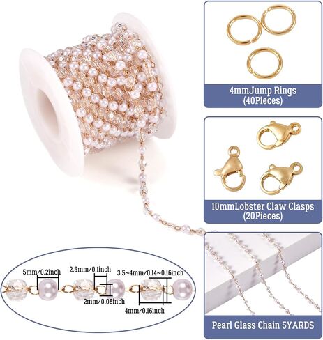 Magibeads 1 Yard Imitation Pearl Chain Belt 4.5-5mm Faux Pearl Brass Chain Golden Jewelry Making Chain with Jump Rings Lobster Clasps for Necklace Bracelet Keychain Making Supplies Crafts DIY in Saudi Arabia