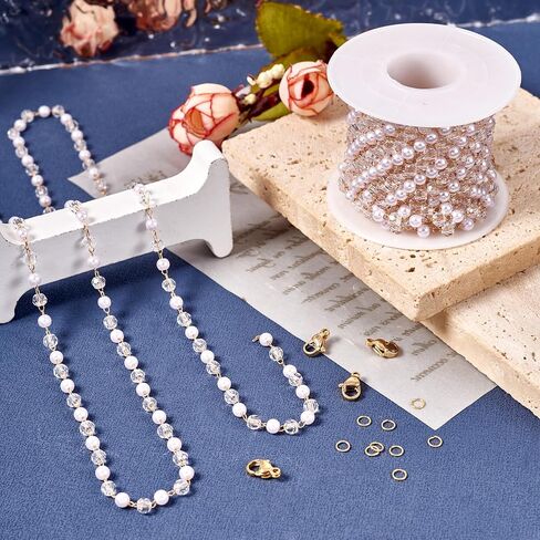 Magibeads 1 Yard Imitation Pearl Chain Belt 4.5-5mm Faux Pearl Brass Chain Golden Jewelry Making Chain with Jump Rings Lobster Clasps for Necklace Bracelet Keychain Making Supplies Crafts DIY in Saudi Arabia