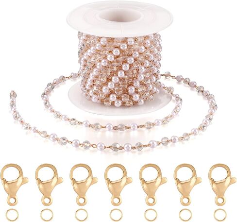 Magibeads 1 Yard Imitation Pearl Chain Belt 4.5-5mm Faux Pearl Brass Chain Golden Jewelry Making Chain with Jump Rings Lobster Clasps for Necklace Bracelet Keychain Making Supplies Crafts DIY in Saudi Arabia