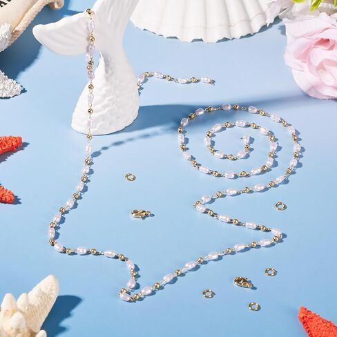 Magibeads 1 Yard Imitation Pearl Chain Belt 4.5-5mm Faux Pearl Brass Chain Golden Jewelry Making Chain with Jump Rings Lobster Clasps for Necklace Bracelet Keychain Making Supplies Crafts DIY in Saudi Arabia