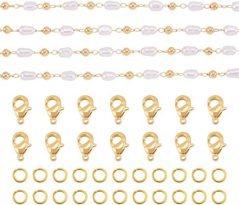 Magibeads 1 Yard Imitation Pearl Chain Belt 4.5-5mm Faux Pearl Brass Chain Golden Jewelry Making Chain with Jump Rings Lobster Clasps for Necklace Bracelet Keychain Making Supplies Crafts DIY in Saudi Arabia