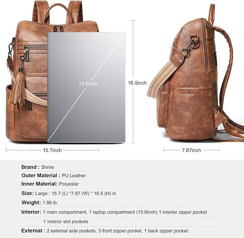 Shrrie 15.6 inch Laptop Backpack for Women,Large Leather Backpack Purse,Travel Backpack Carry on,Water Resistant Casual Laptop Backpacks,College Backpack,Work Backpack for Women,Two-toned Brown in Saudi Arabia
