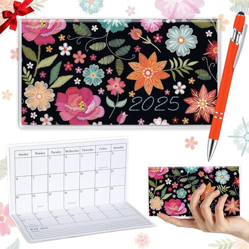 Gueevin 2025 Pocket Calendar for Purse with Pen Small Pocket Planner Handy Weekly Monthly Planner Journal Writing Notebook Christmas New Year Gift Sister Friend Women(Orange Red,Embroidery Floral) in Saudi Arabia