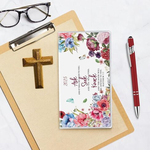 Gueevin 2025 Pocket Calendar for Purse with Pen Small Pocket Planner Handy Weekly Monthly Planner Journal Writing Notebook Christmas New Year Gift Sister Friend Women(Orange Red,Embroidery Floral) in Kuwait