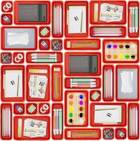 45 Pack Desk Drawer Organizer Tray, 3 Sizes Plastic Drawers Organizer Storage for Kitchen, Bathroom, Office, Vanity, Makeup, Utensils, Junk Drawer Organizer Bins, Gadget Trays for Organizing, Red in Saudi Arabia
