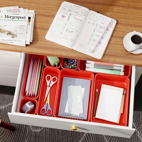 45 Pack Desk Drawer Organizer Tray, 3 Sizes Plastic Drawers Organizer Storage for Kitchen, Bathroom, Office, Vanity, Makeup, Utensils, Junk Drawer Organizer Bins, Gadget Trays for Organizing, Red in Saudi Arabia
