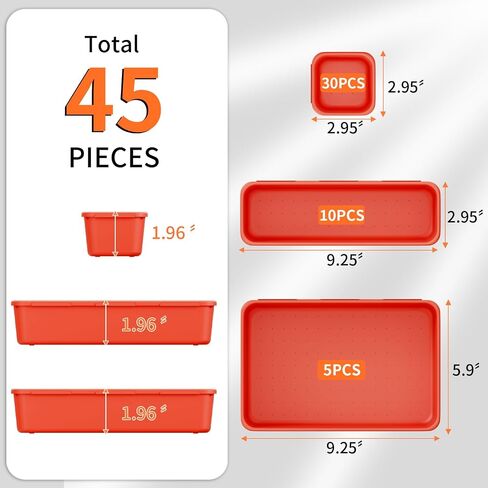 45 Pack Desk Drawer Organizer Tray, 3 Sizes Plastic Drawers Organizer Storage for Kitchen, Bathroom, Office, Vanity, Makeup, Utensils, Junk Drawer Organizer Bins, Gadget Trays for Organizing, Red in Saudi Arabia