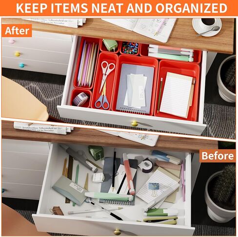 45 Pack Desk Drawer Organizer Tray, 3 Sizes Plastic Drawers Organizer Storage for Kitchen, Bathroom, Office, Vanity, Makeup, Utensils, Junk Drawer Organizer Bins, Gadget Trays for Organizing, Red in Saudi Arabia