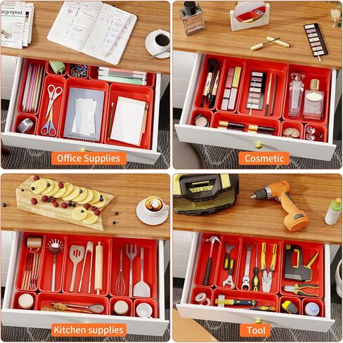 45 Pack Desk Drawer Organizer Tray, 3 Sizes Plastic Drawers Organizer Storage for Kitchen, Bathroom, Office, Vanity, Makeup, Utensils, Junk Drawer Organizer Bins, Gadget Trays for Organizing, Red in Saudi Arabia