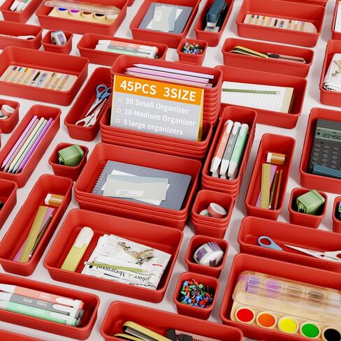 45 Pack Desk Drawer Organizer Tray, 3 Sizes Plastic Drawers Organizer Storage for Kitchen, Bathroom, Office, Vanity, Makeup, Utensils, Junk Drawer Organizer Bins, Gadget Trays for Organizing, Red in Saudi Arabia