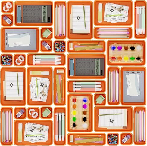 45 Pack Desk Drawer Organizer Tray, 3 Sizes Plastic Drawers Organizer Storage for Kitchen, Bathroom, Office, Vanity, Makeup, Utensils, Junk Drawer Organizer Bins, Gadget Trays for Organizing, Red in Kuwait