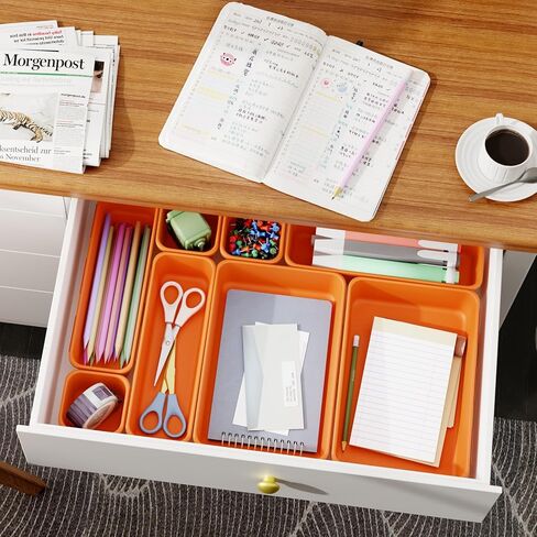 45 Pack Desk Drawer Organizer Tray, 3 Sizes Plastic Drawers Organizer Storage for Kitchen, Bathroom, Office, Vanity, Makeup, Utensils, Junk Drawer Organizer Bins, Gadget Trays for Organizing, Red in Kuwait