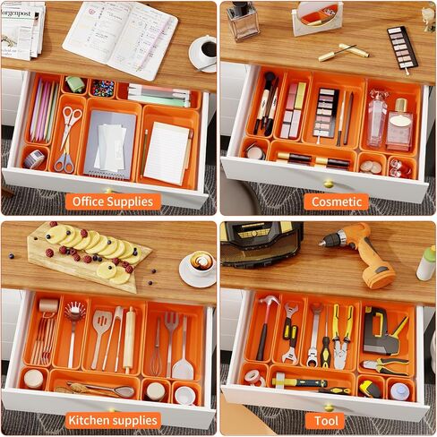 45 Pack Desk Drawer Organizer Tray, 3 Sizes Plastic Drawers Organizer Storage for Kitchen, Bathroom, Office, Vanity, Makeup, Utensils, Junk Drawer Organizer Bins, Gadget Trays for Organizing, Red in Kuwait