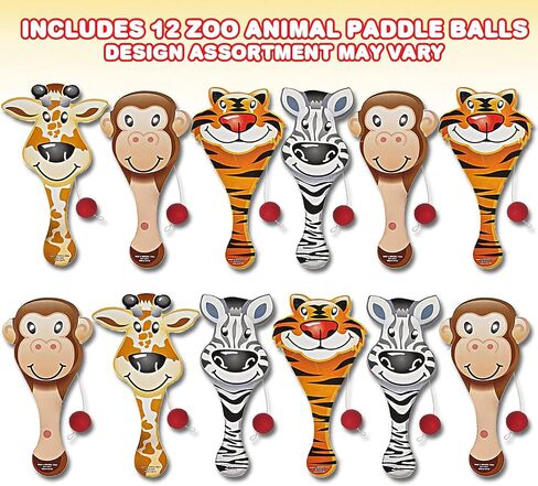 ArtCreativity Zoo Animal Paddle Balls, Pack of 12, 9 Inch Wooden Paddleball with String, Assorted Designs, Great Party Favors, Goodie Bag Fillers, Fun Activity Toys for Kids in Saudi Arabia