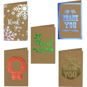 Iconikal Kraft Christmas Thank You Note Cards with Envelopes, Foil Embellished, 30-Count