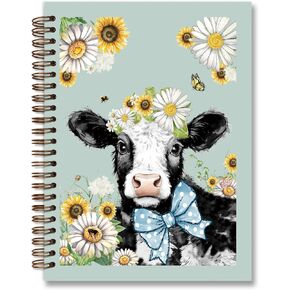 Cow Notebook Journal,Cute Funny Cow Green Notebooks for School Office Desk Accessories,Cow Gifts,Preppy Daisy Sunflower College Ruled Spiral Notebook Journal for Teen Girls Women