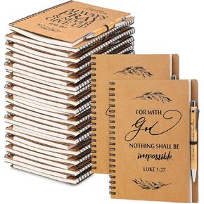 Kosiz 60 Pcs/ 30 Set Easter Christian Gift Bulk A5 Spiral Notebook Scripture Prayer Journal Bible Verse Ballpoint Pen Mothers Day Religious Party Gift Notepad for Women Men Church Sunday School (Brown)